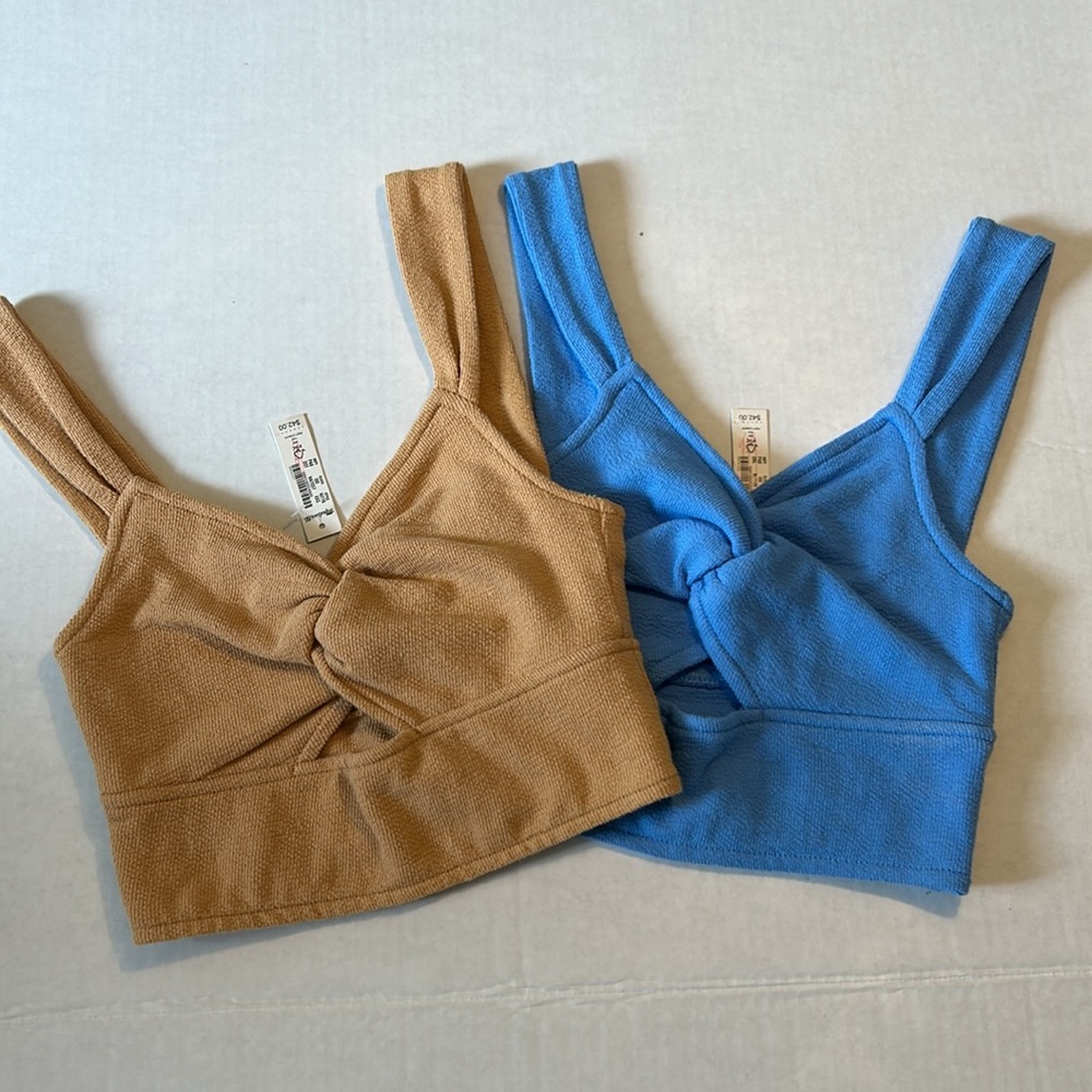 Madewell TWO XXSmall Tops Cutout Knot Front Tank Crop Tops in Blue and Straw NWT